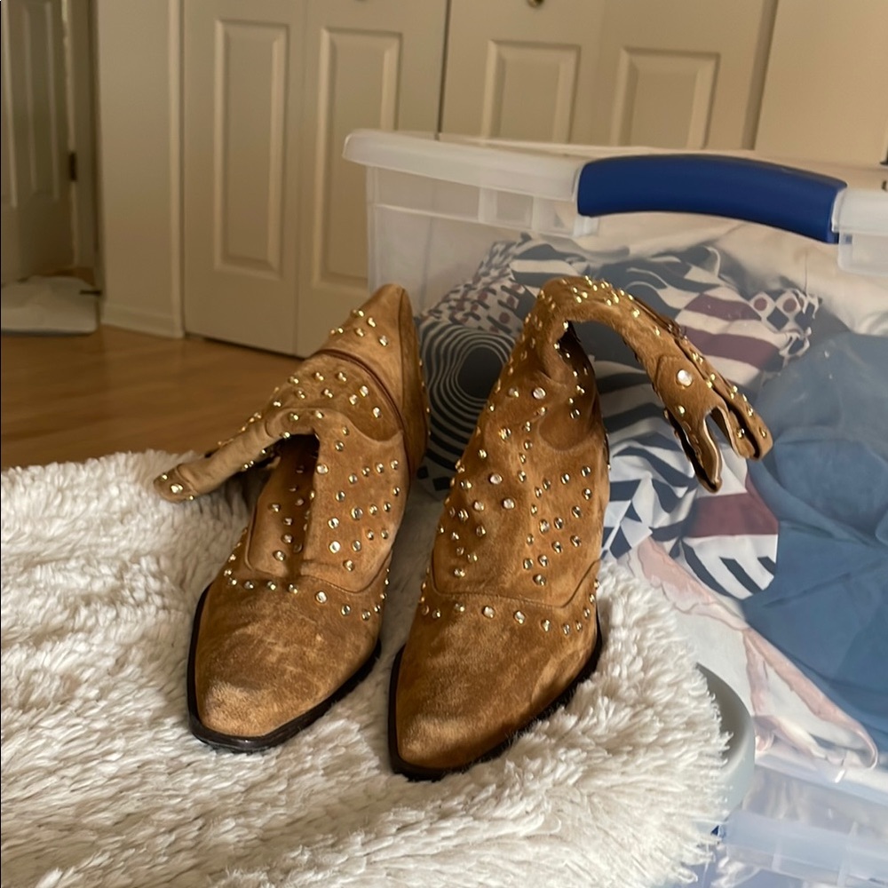 Brown Heeled Boots with Studded Suede